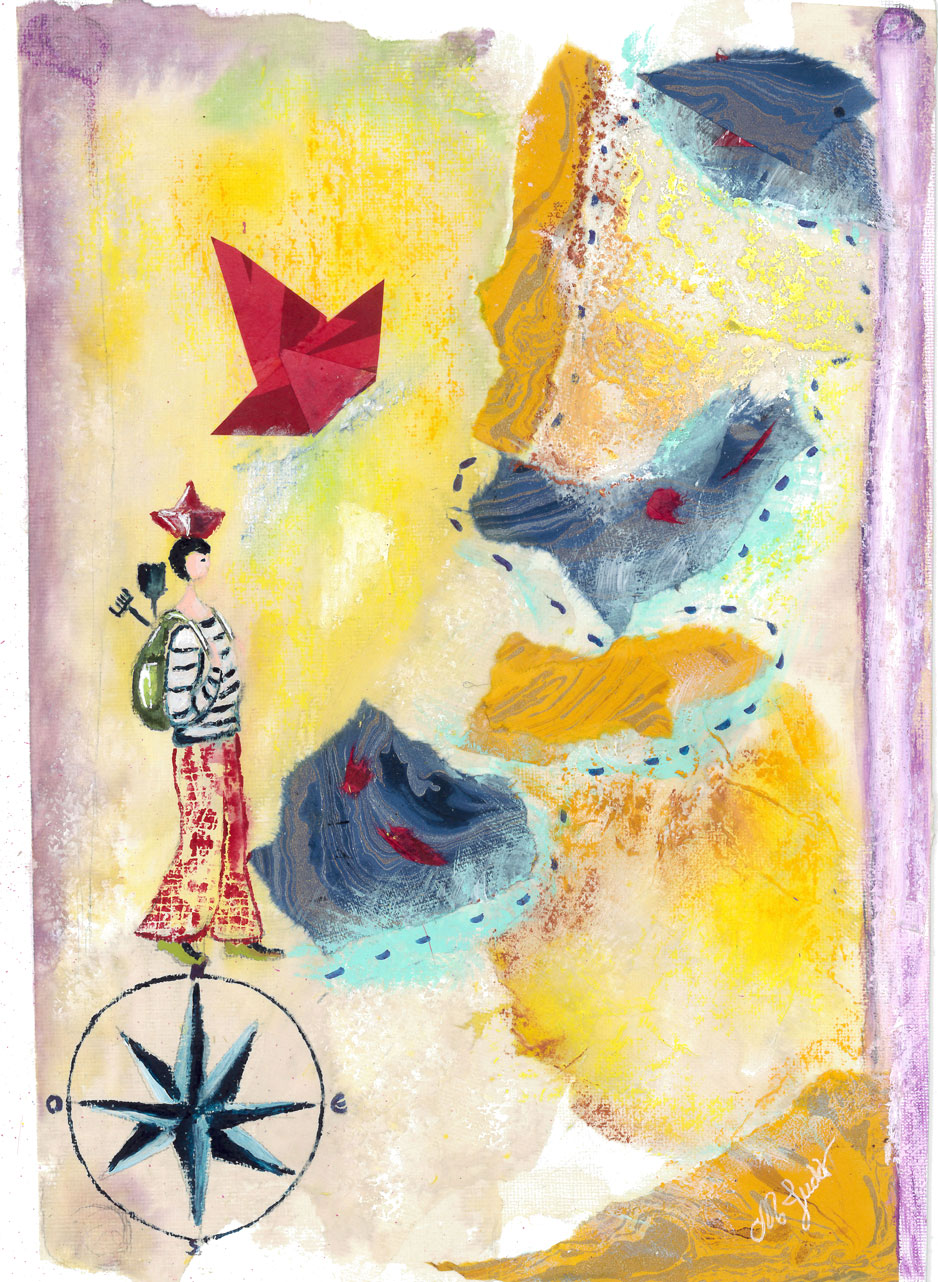 illustration : un homme porte un sac à dos et une boussole, un chemin est tracé dans le sable